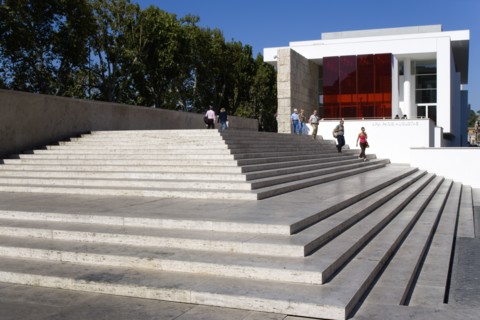 ITALY, Lazio, Rome, The steps with sightseers leading to the building hosuing the Ara Pacis or