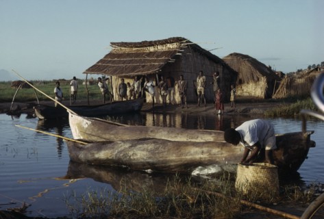 MALAWI, Chilwa, Yau tribe fishermen with Yav boats on Lake Chilwa. Men and children gathered next