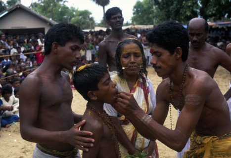 SRI LANKA, Religion, Hinduism, "Punnaccolai Festival. Tamil Oracle named Sothimalar with her son,