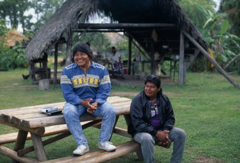 USA, Florida, Everglades, Independent Seminole Native American village. Two men named Danny and