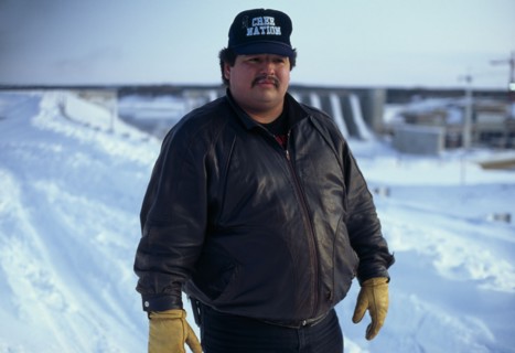 CANADA, Quebec, James Bay, Man named Larry who is a Cree indigenous activist wearing a Cree Nation