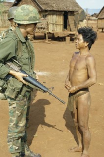 VIETNAM, Central Highlands, Plei Mrong, Vietnam War. Montagnard tribesman in Pleidok refugee camp