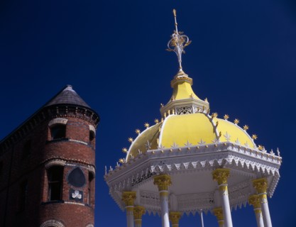 IRELAND, North, Belfast, "Victoria Square.  Detail of yellow and white canopy of the Jaffe Memorial