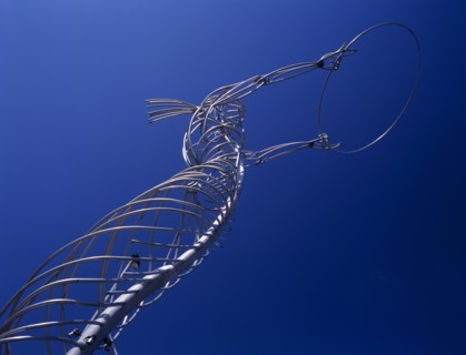 IRELAND, North, Belfast, "Oxford Street.  Angled view of modern metal sculpture from low viewpoint