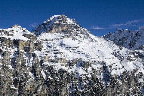 SWITZERLAND, Bernese Oberland, Murren, Summit of the Monch Mountain from outskirts of Murren.