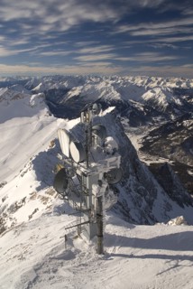 GERMANY, Bavaria, Zugspitze, Zugspitze summit with telecommunications dishes.