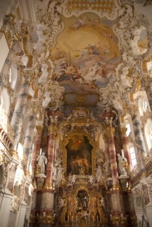 GERMANY, Bavaria, Wieskirche, "Baroque church, interior view of main altar and ornately painted