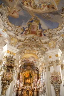 GERMANY, Bavaria, Wieskirche, "Baroque church, interior view of ornamentation and frescoes painted