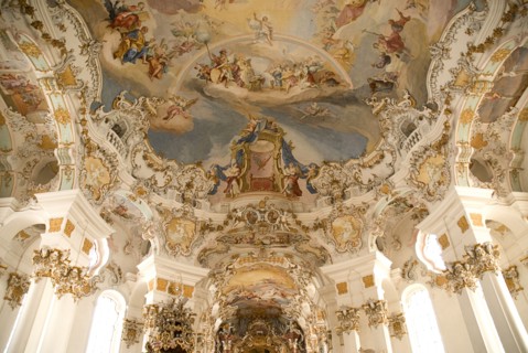 GERMANY, Bavaria, Wieskirche, "Baroque church, interior view of ornamentation and frescoes painted