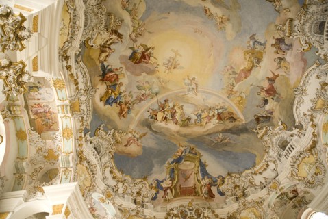 GERMANY, Bavaria, Wieskirche, "Baroque church, interior view of ornamentation and frescoes painted
