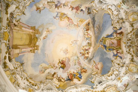 GERMANY, Bavaria, Wieskirche, "Baroque church, interior view of the entire ceiling looking straight