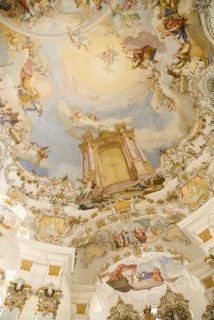 GERMANY, Bavaria, Wieskirche, "Baroque church, interior view of frescoes on rear end of the ceiling