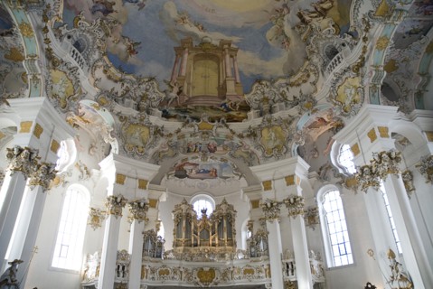 GERMANY, Bavaria, Wieskirche, "Baroque church, interior view of the church organ and frescoes on