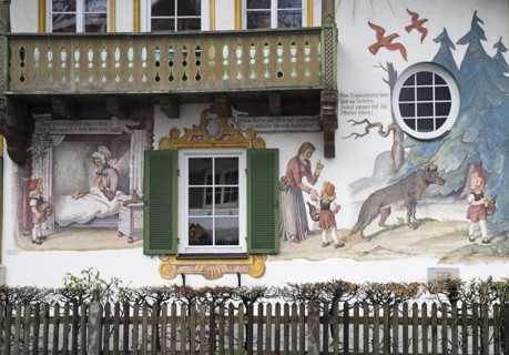 GERMANY, Bavaria, Oberammergau, Rotkappchenhaus or Red Riding Hood House. Close up of fresco detail
