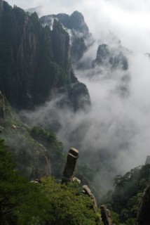CHINA, Anhui Province, Huang Shan , Huangshan or the Yellow Mountain. Rock peaks with lush green