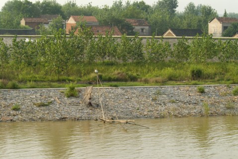 CHINA, Hubei, Yangtze, A man fishing on the lower embankment. Two lined embankments protect this