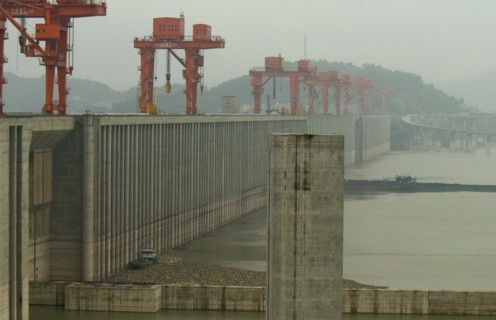 CHINA, Hubei , Sandouping, The Three Gorges Dam at Sandouping - the scale can be seen from the