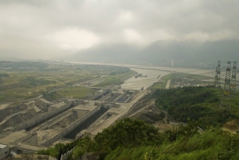 CHINA, Hubei , Sandouping, Hydro-electric pylons and the east bound locks at the Three Gorges Dam