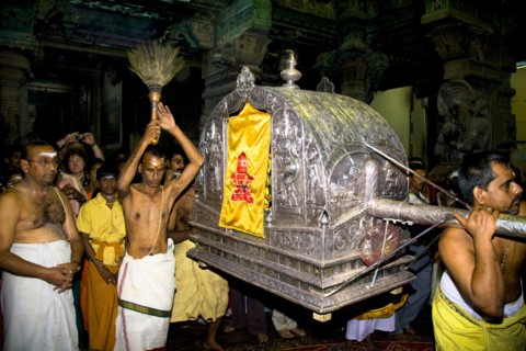 INDIA, Tamil Nadu, Madurai, "Evening procession carrying Shiva to bedroom of Meenakshi, Meenakshi