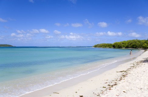 WEST INDIES, Grenada, Carriacou, Woman with toddler at the waters edge with gentle waves breaking