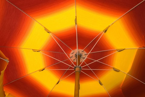 20093629 ITALY Campania Positano Detail of a beach umbrella on Spiaggia Grande. The towns main beach