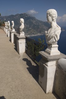 20093655 ITALY Campania Ravello Villa Cimbrone. Statues on the Belvedere of Infinity overlooking sea