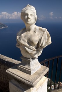 20093656 ITALY Campania Ravello Villa Cimbrone. Statue on Belvedere of Infinity overlooking sea