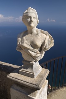 20093658 ITALY Campania Ravello Villa Cimbrone. Statue on Belvedere of Infinity overlooking sea