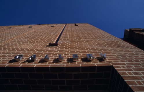 ENGLAND, West Sussex, Chichester, Pallant House Gallery. Angled view looking up at sign above main