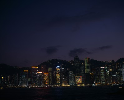 CHINA, Hong Kong, Hong Kong island skyline at night.