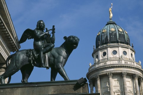 GERMANY, Berlin, Gendarmenmarkt.  Bronze statue of winged  lute playing Bacchus riding a panther in