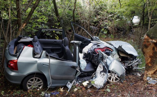 TRANSPORT, Road, Cars, Honda Civic which has had its roof cut off to remove passengers involved in