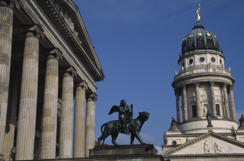 GERMANY, Berlin, Gendarmenmarkt.  Statue of winged Bacchus riding a panther in front of the