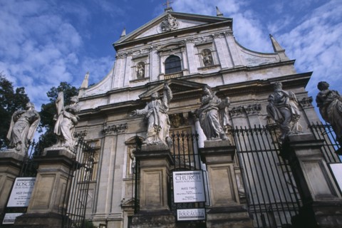 POLAND, Krakow, Exterior facade of Church of Saints Peter and Paul with  statues of the twelve