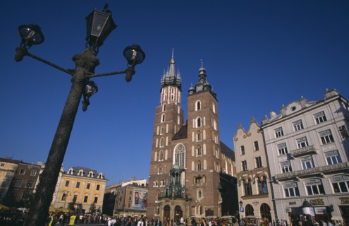 POLAND, Krakow, Mariacki Basilica or Church of St Mary.  Gothic  red brick exterior built in the