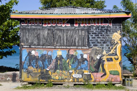 WEST INDIES, Grenada, Carriacou, Colourful Rastafarian food hut called Jam Rock Cafe on the beach