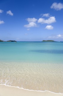WEST INDIES, Grenada, Carriacou, The calm clear blue water breaking on Paradise Beach in L'Esterre