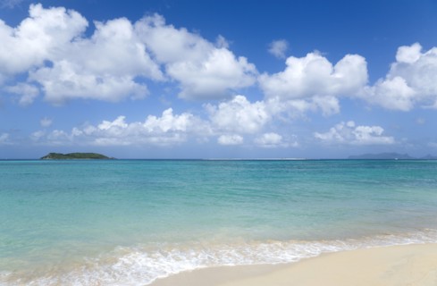 WEST INDIES, Grenada, Carriacou, The calm clear blue water breaking on Paradise Beach in L'Esterre