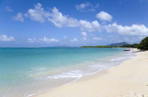 WEST INDIES, Grenada, Carriacou, The calm clear blue water breaking on Paradise Beach in L'Esterre