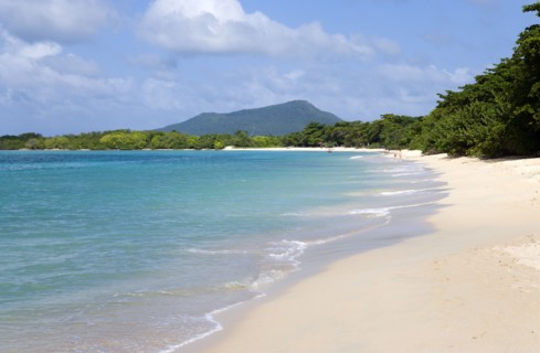 WEST INDIES, Grenada, Carriacou, The calm clear blue water breaking on Paradise Beach in L'Esterre