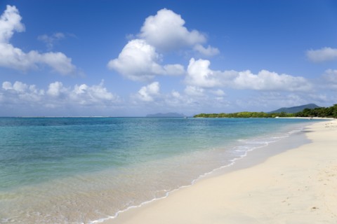 WEST INDIES, Grenada, Carriacou, "The calm clear blue water breaking on Paradise Beach in L'Esterre