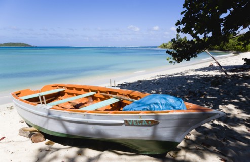 WEST INDIES, Grenada, Carriacou, The calm clear blue water breaking on Paradise Beach in L'Esterre