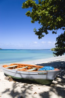 WEST INDIES, Grenada, Carriacou, The calm clear blue water breaking on Paradise Beach in L'Esterre