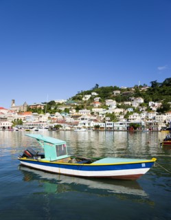WEST INDIES, Grenada, St George, Fishing boat moored in the Carenage harbour of the capital city of
