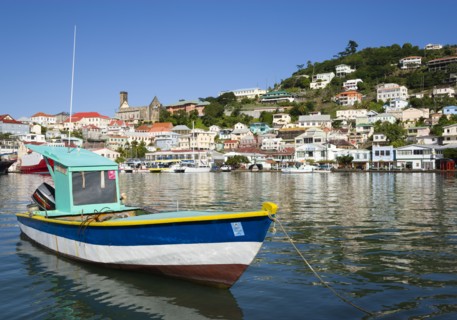 WEST INDIES, Grenada, St George, Fishing boat moored in the Carenage harbour of the capital city of