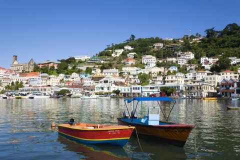 WEST INDIES, Grenada, St George, Water taxi boats moored in the Carenage harbour of the capital