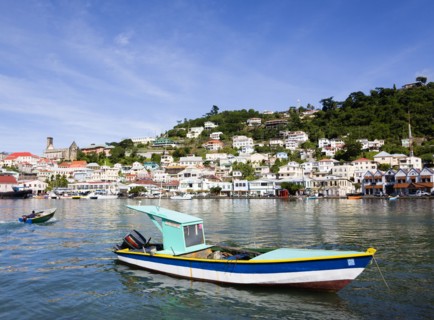 WEST INDIES, Grenada, St George, Fishing boat moored in the Carenage harbour of the capital city of