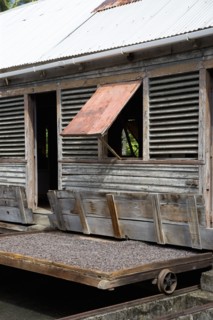 WEST INDIES, Grenada, St John, Cocoa beans drying in the sun on retractable racks under the drying