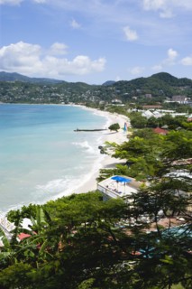 WEST INDIES, Grenada, St George, Waves of the aquamarine sea breaking on the two mile stretch of