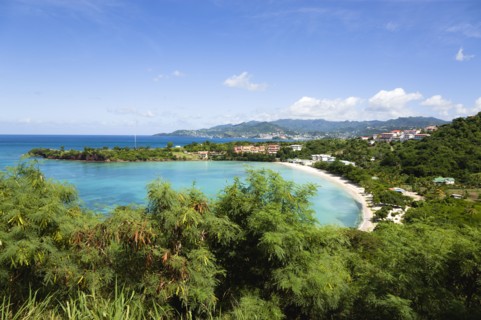 WEST INDIES, Grenada, St George, The aquamarine sea and tree lined white sand of BBC Beach in Morne